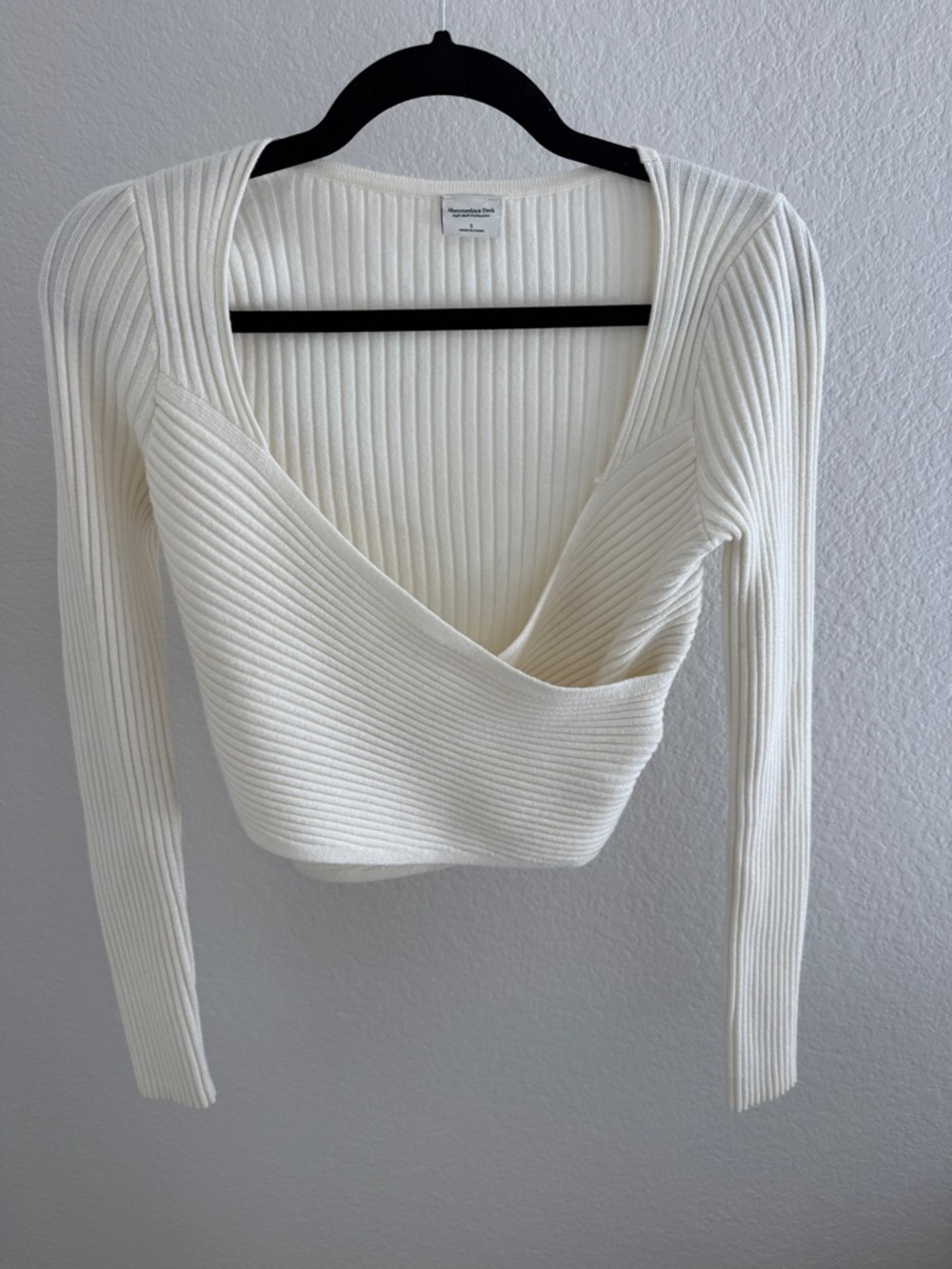 Abercrombie & Fitch Cream Ribbed Wrap-Style Long Sleeve Top